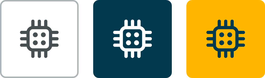 The SAT Draft icon, a computer chip, shown on a white, a blue and a yellow tile